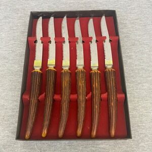 Vintage Forgecraft Steak Knife Set Brown Faux Stag Serrated Stainless USA 6pc
